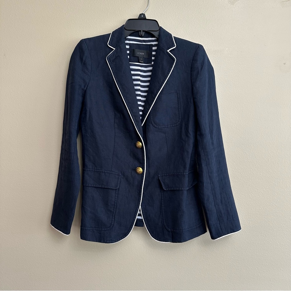 J. Crew Linen Rhodes Blazer in Navy with White Piping and Nautical Buttons - Picture 4 of 16